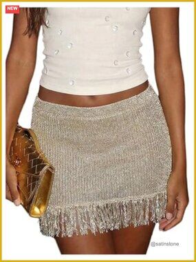 Fringe Knit Mini Skirt Sparkly Shimmer Low Rise Pencil Skirt Night Out